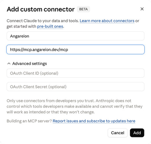 Claude Add custom connector dialog with Name set to Angareion and the Angareion MCP server URL